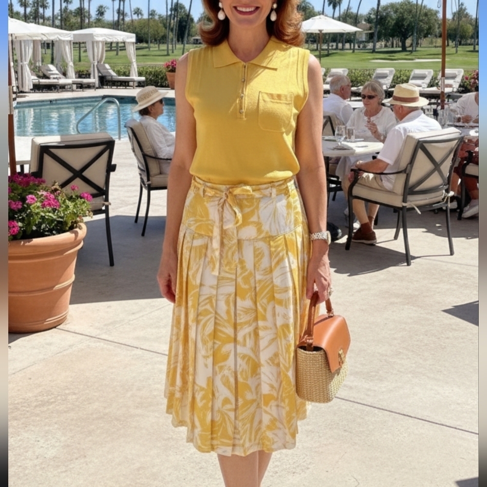 Oscar de la Renta Yellow & White Tank Top & Pleated Skirt Set